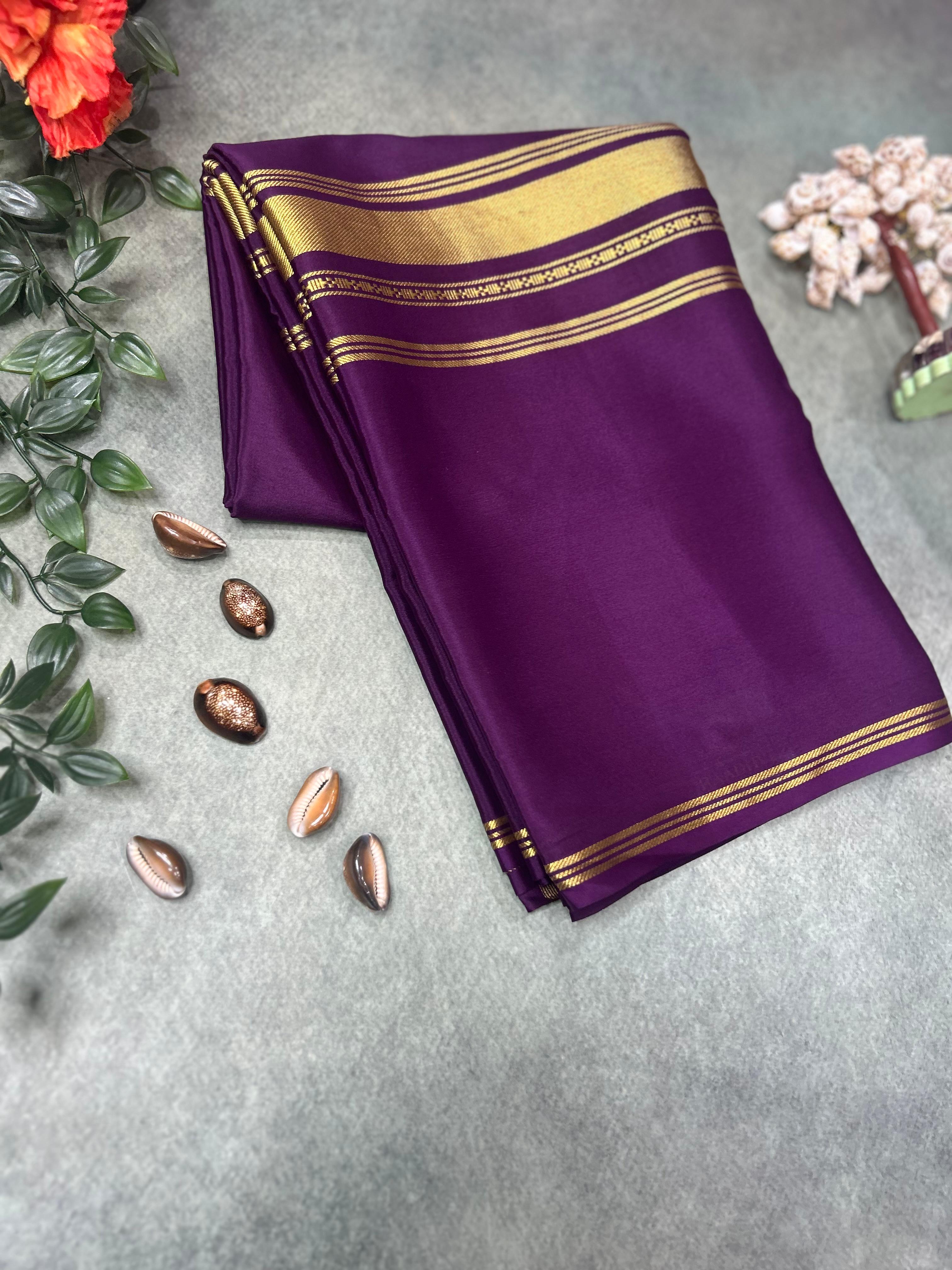 Wine plain four border pure mysore crepe silk saree
