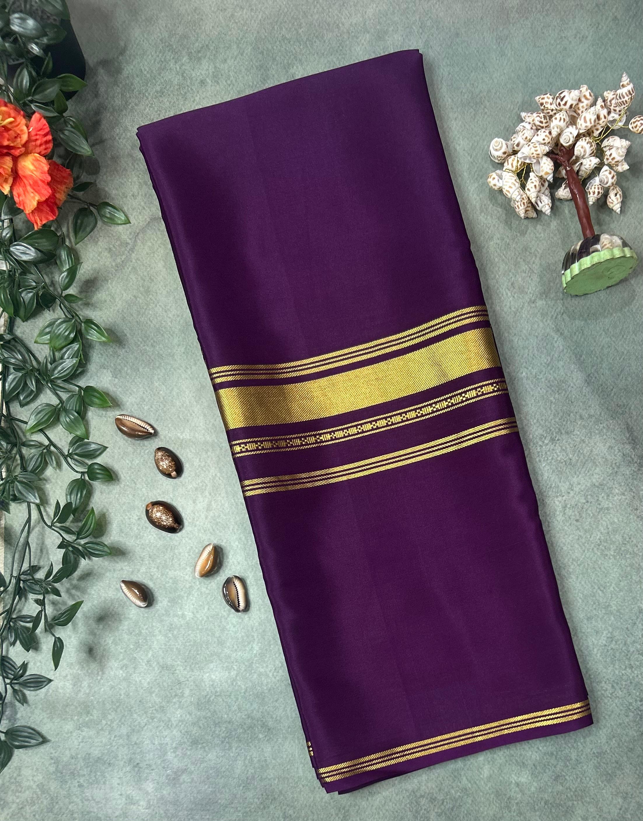 Wine plain four border pure mysore crepe silk saree