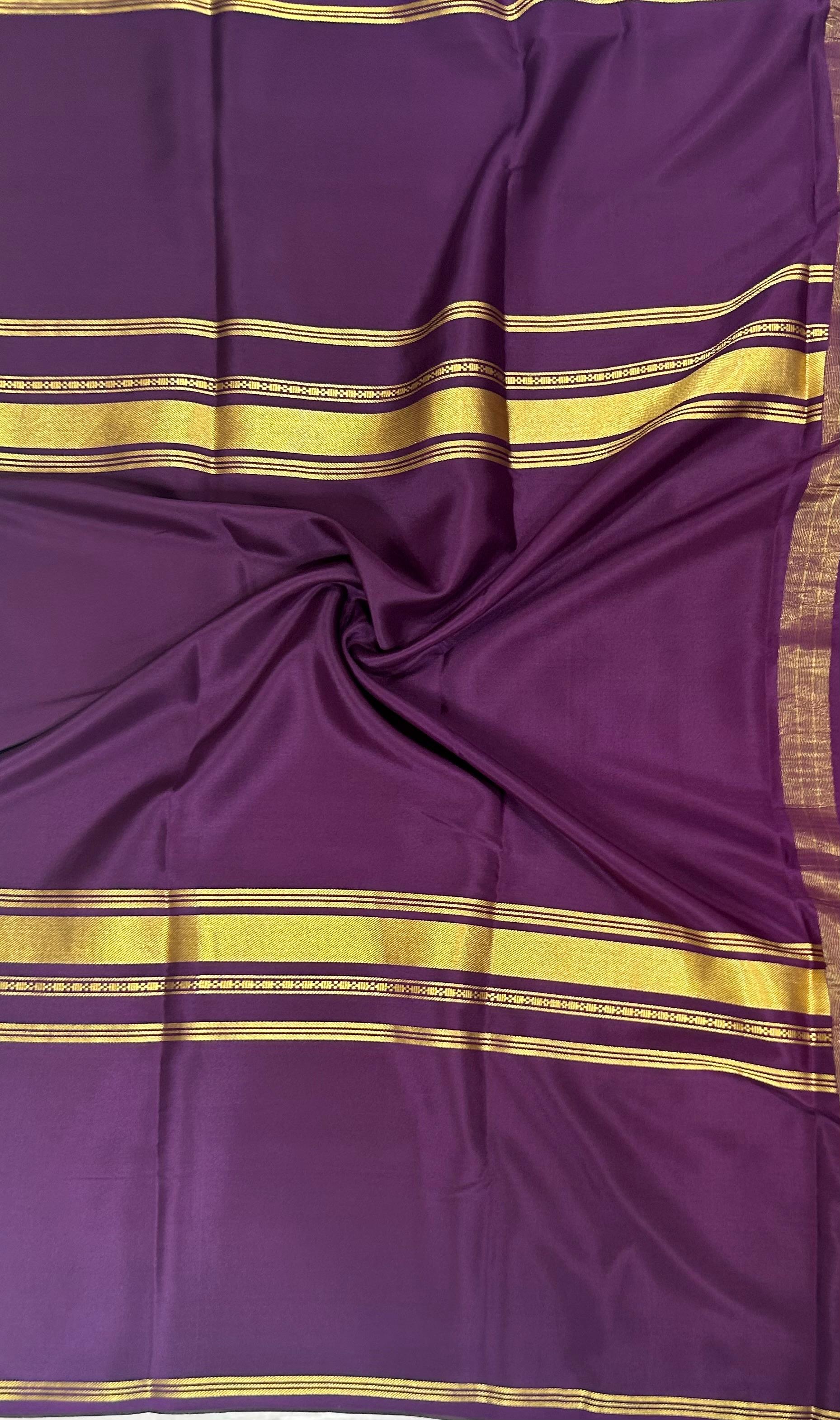 Wine plain four border pure mysore crepe silk saree