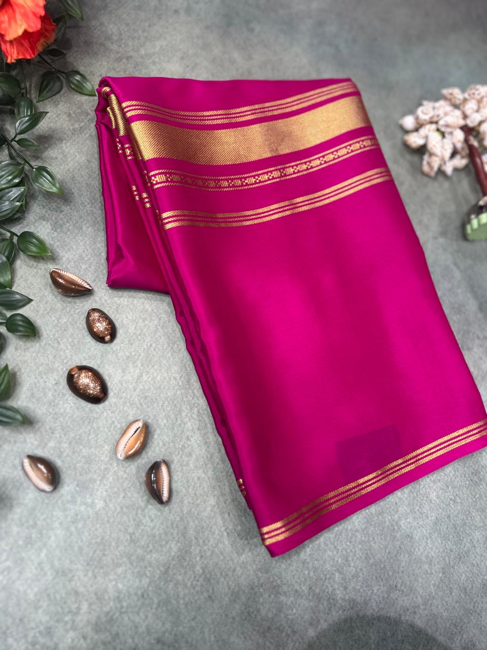 Rani pink plain four border pure mysore crepe silk saree