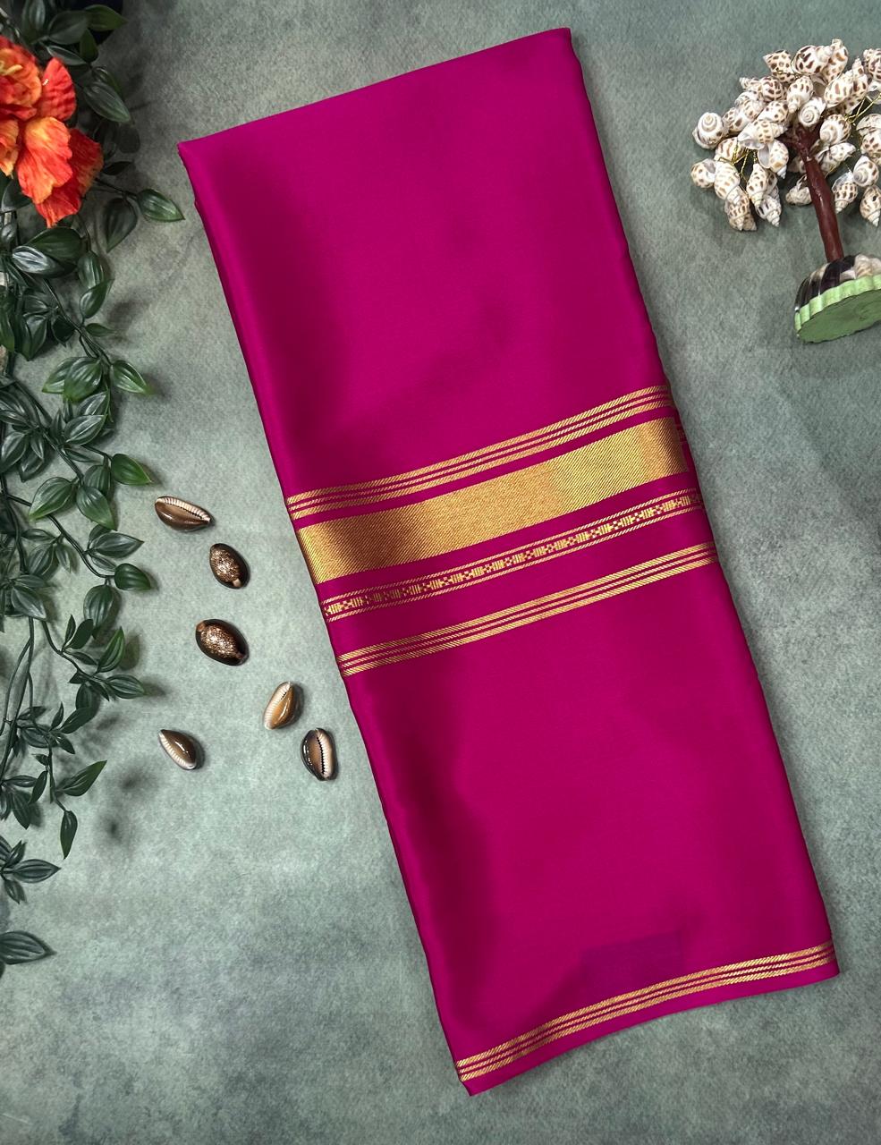 Rani pink plain four border pure mysore crepe silk saree