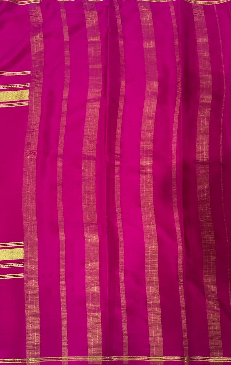 Rani pink plain four border pure mysore crepe silk saree