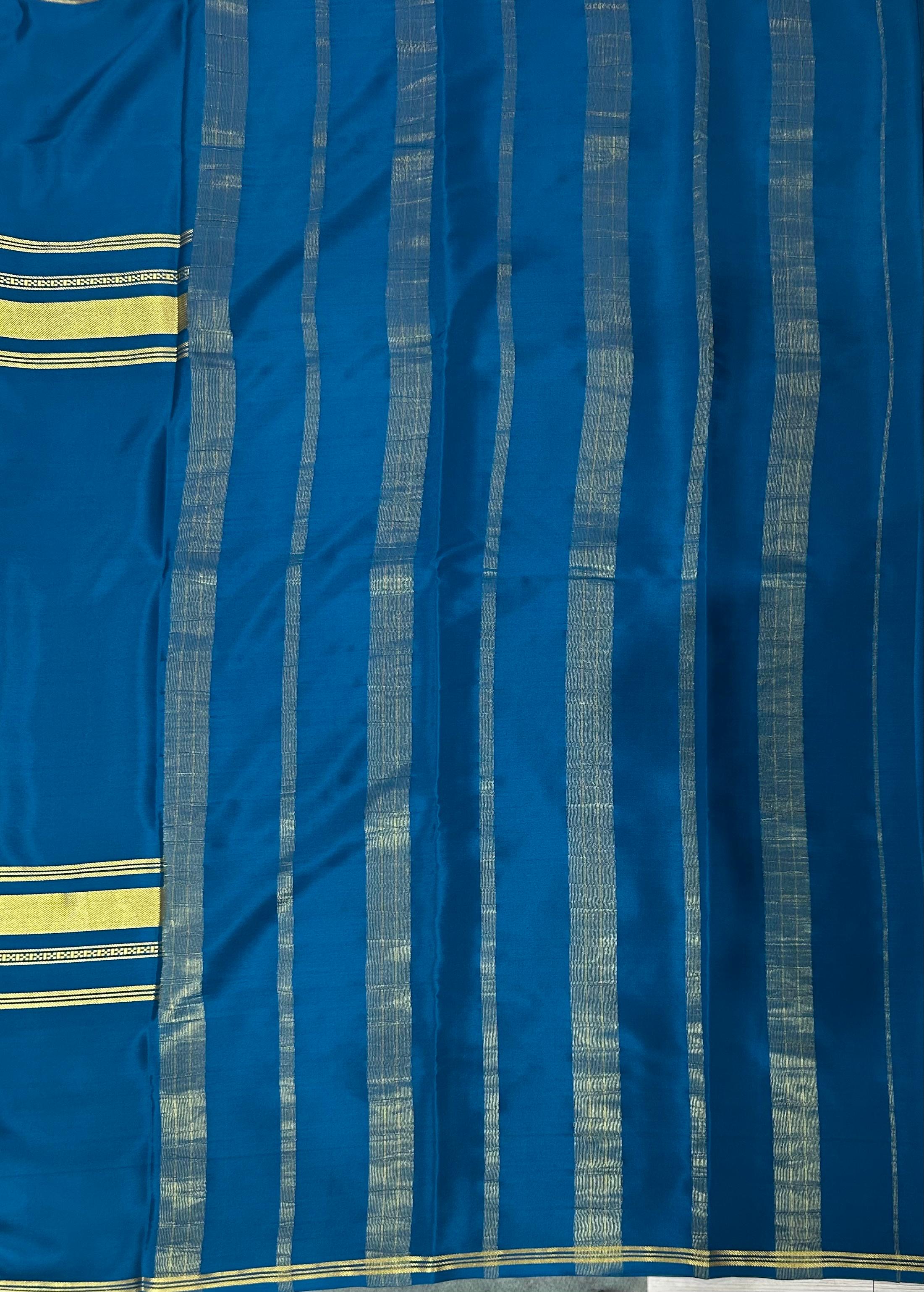 Peacock blue plain four border pure mysore crepe silk saree