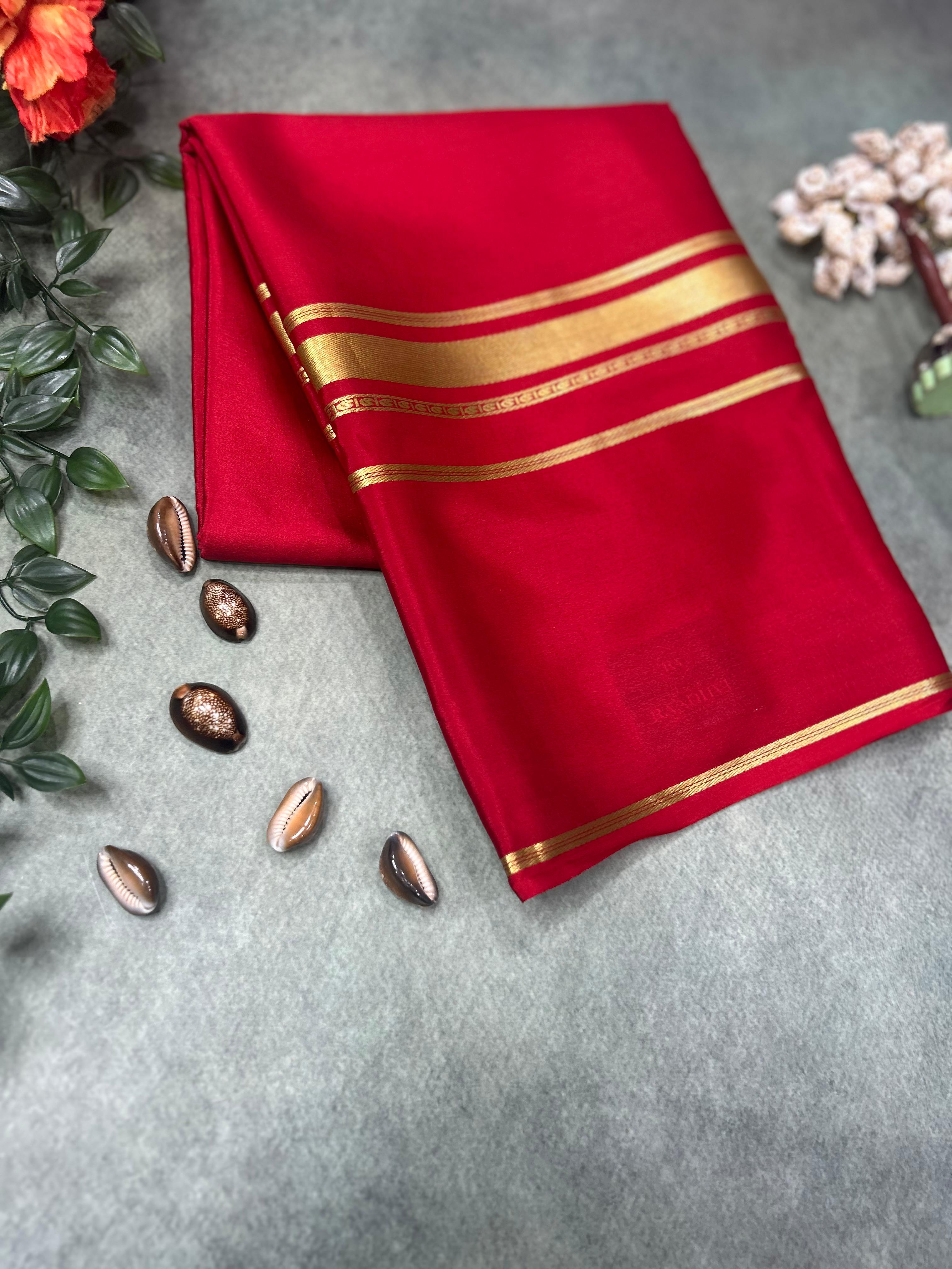 Red plain four border pure mysore crepe silk saree