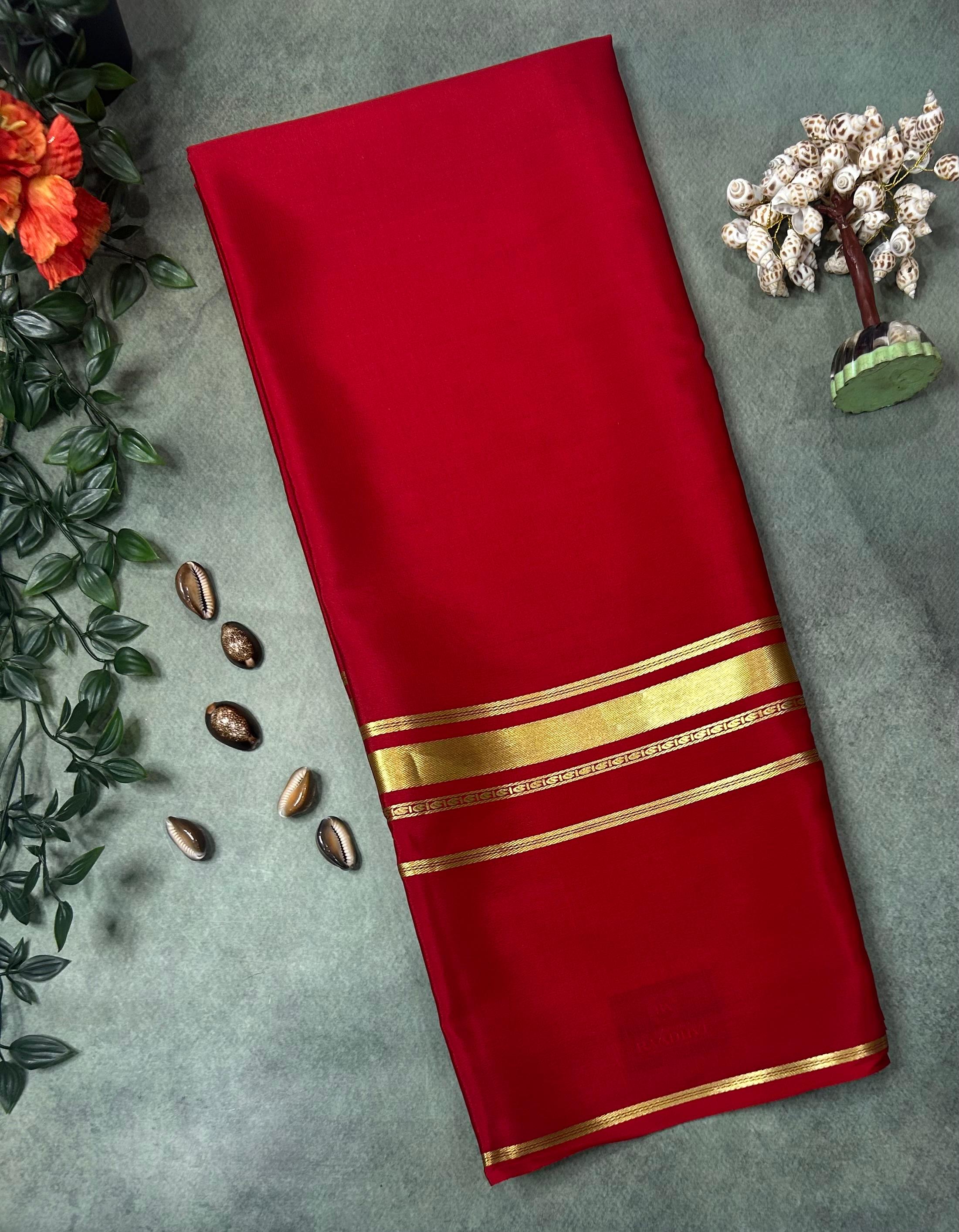 Red plain four border pure mysore crepe silk saree