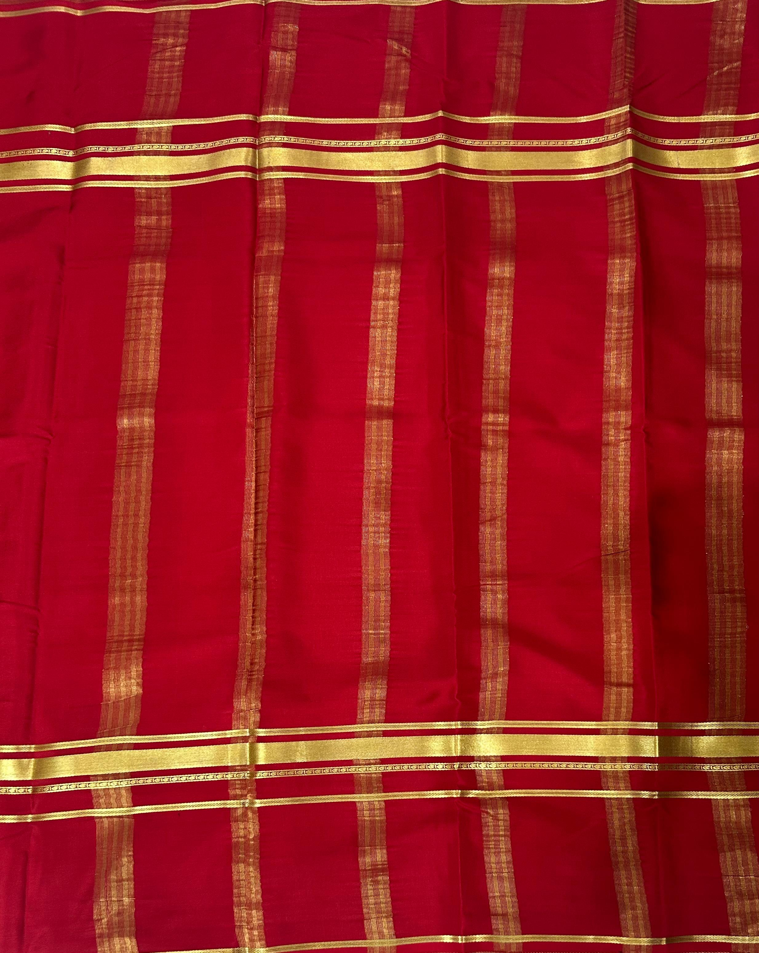 Red plain four border pure mysore crepe silk saree