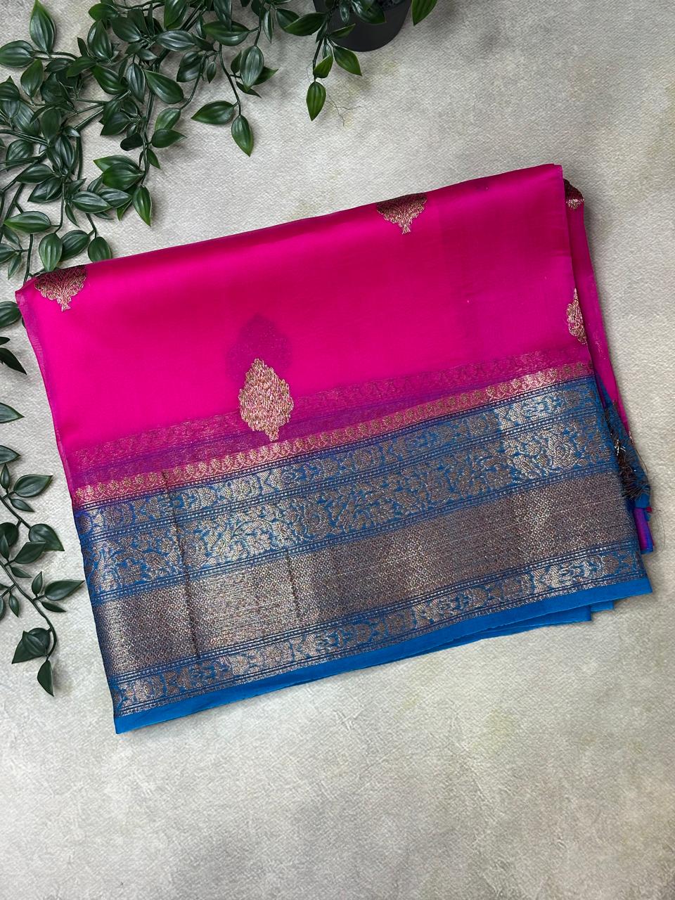Pink n blue  pure kora organza silk saree
