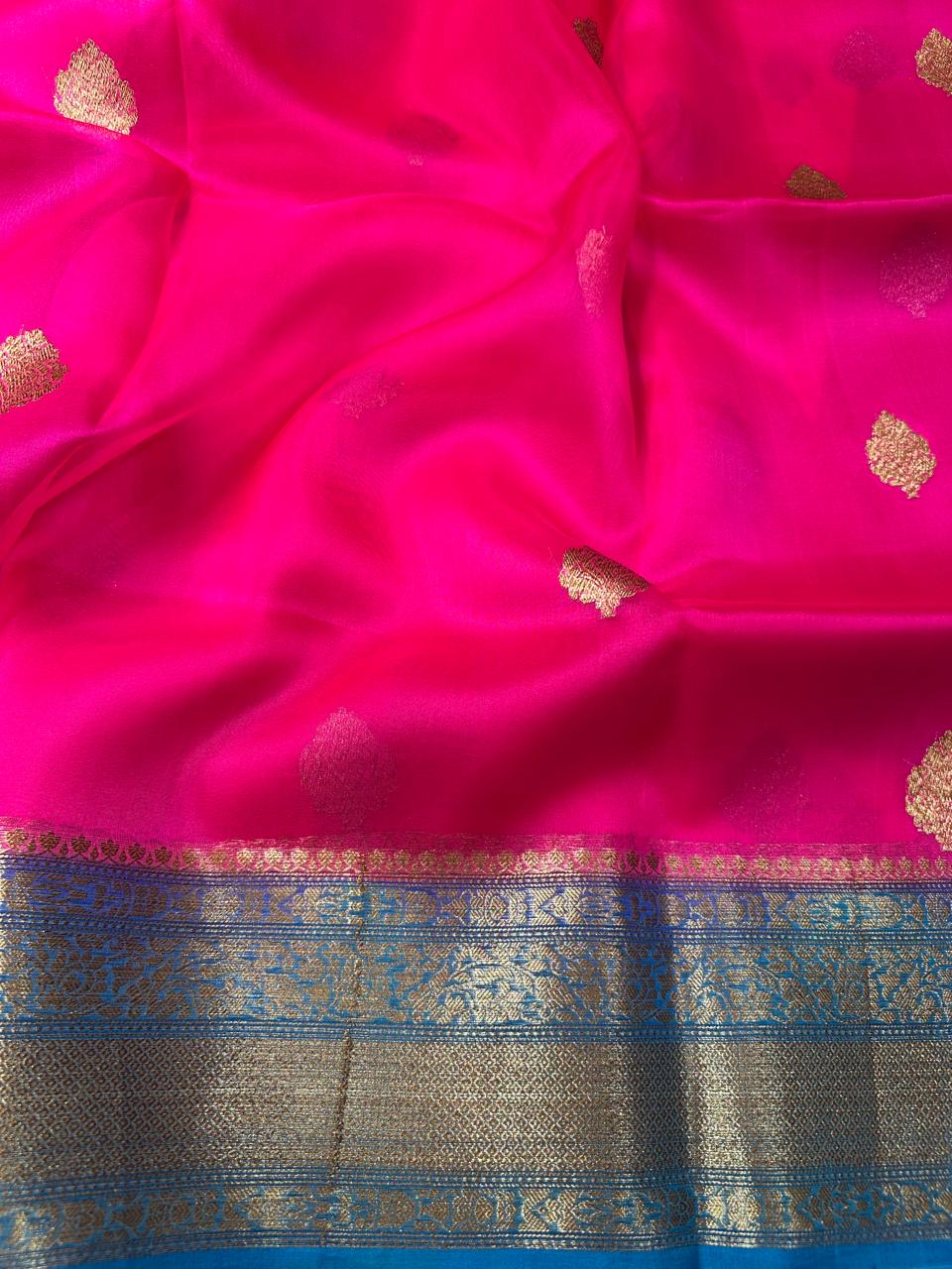 Pink n blue  pure kora organza silk saree