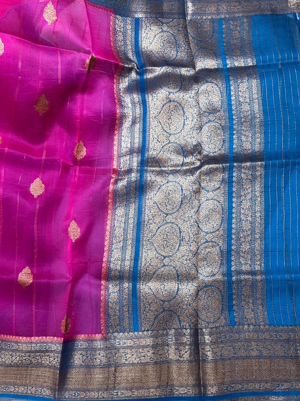 Pink n blue  pure kora organza silk saree