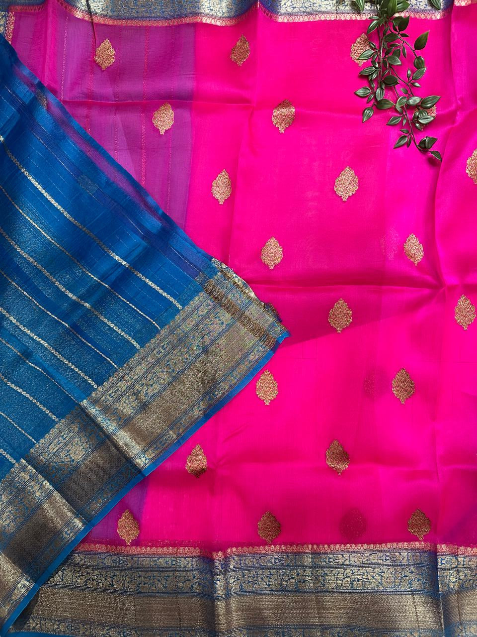 Pink n blue  pure kora organza silk saree
