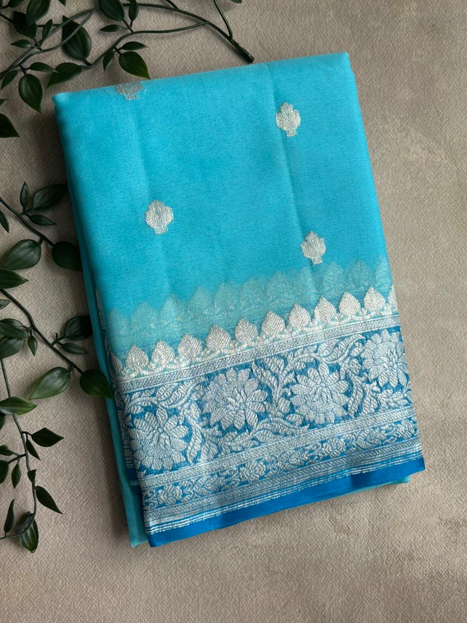 Sky blue benarasi pure chiffon saree