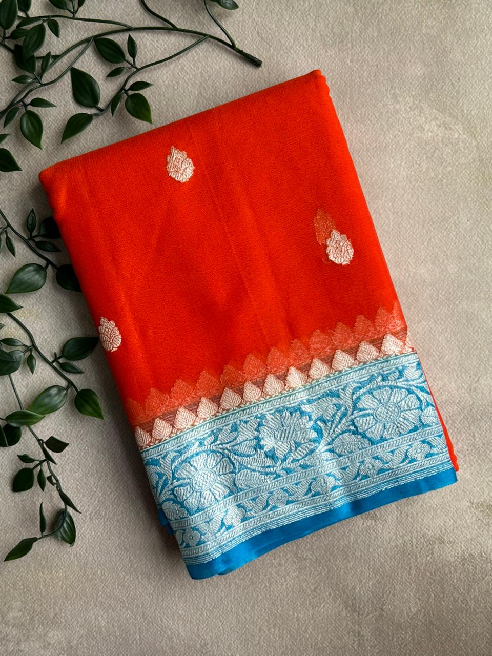 Orange n blue benarasi pure chiffon saree