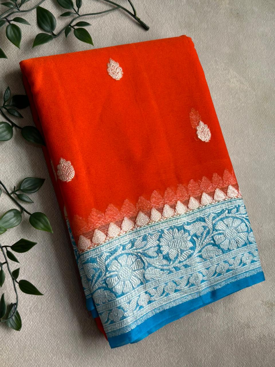 Orange n blue benarasi pure chiffon saree