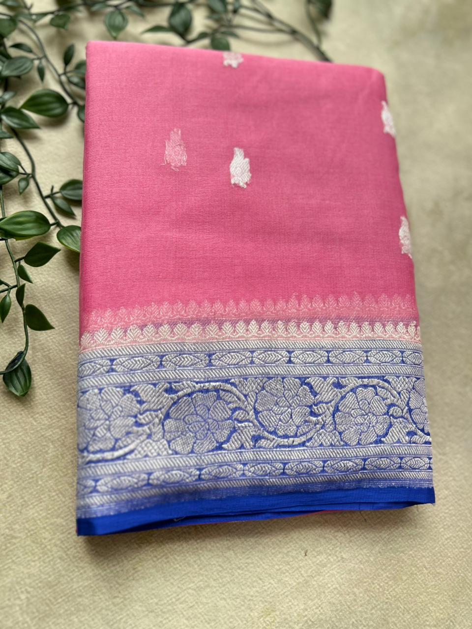 Pink n blue benarasi pure chiffon saree