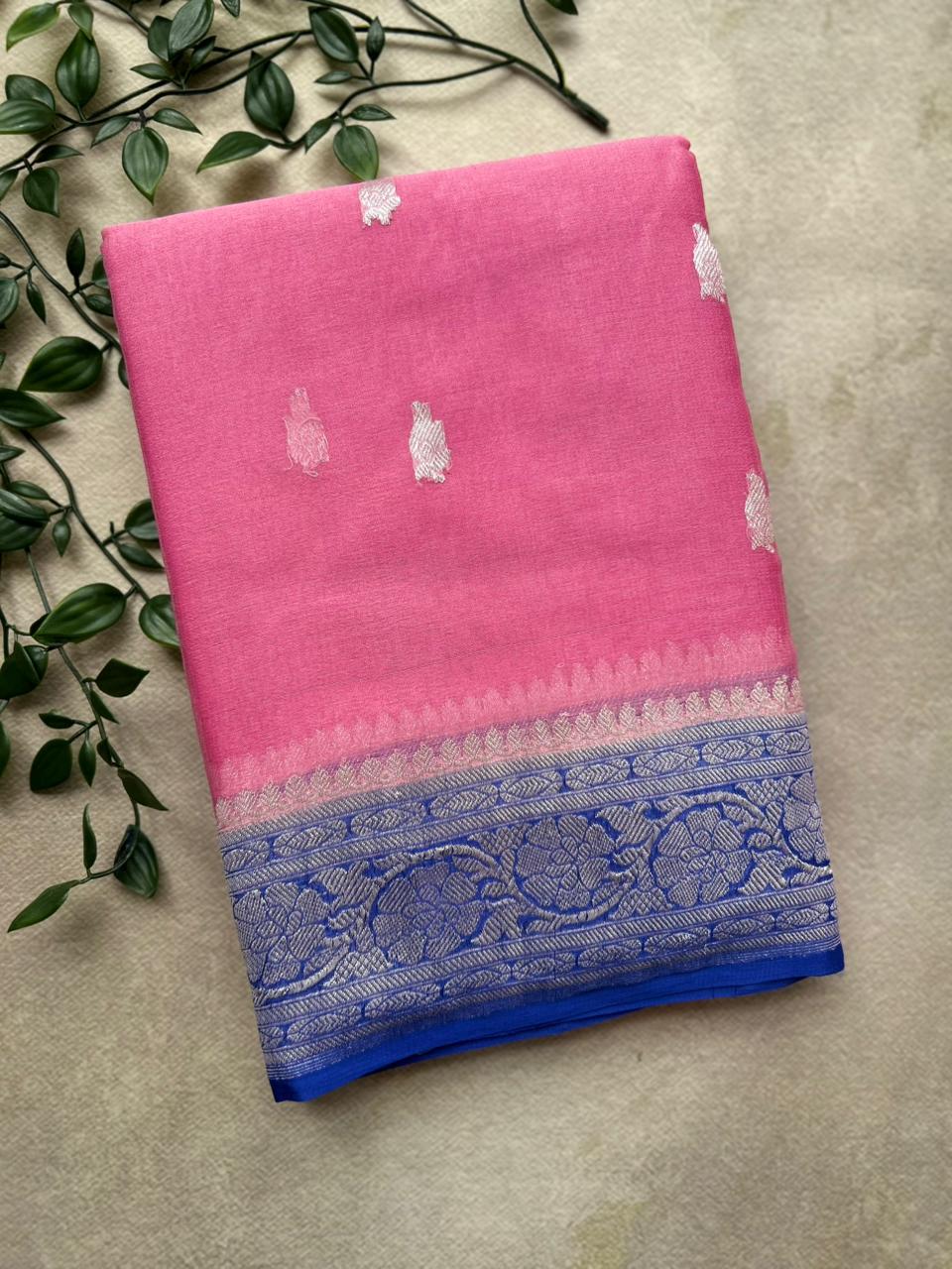Pink n blue benarasi pure chiffon saree