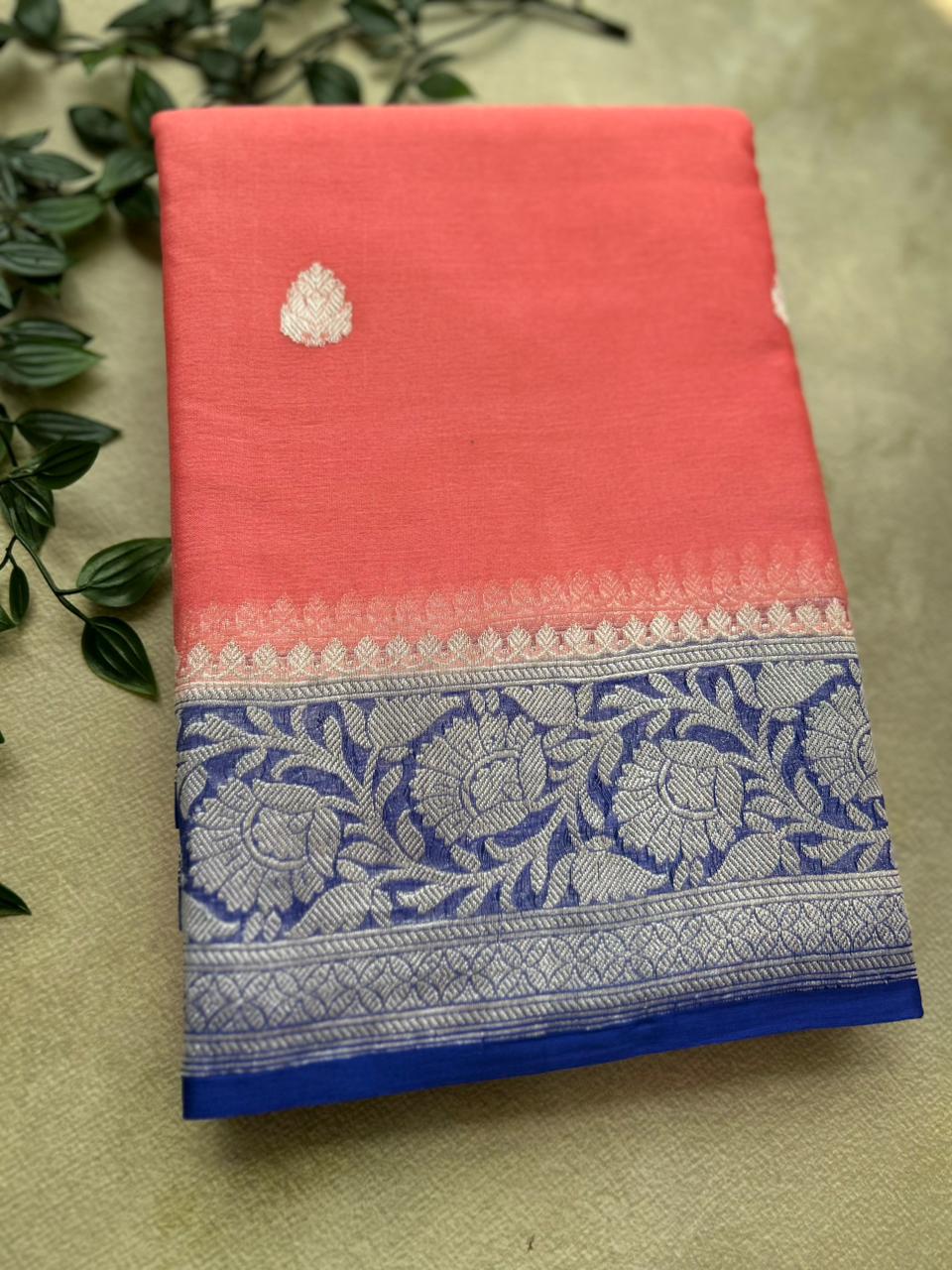 Pink n blue benarasi pure chiffon saree
