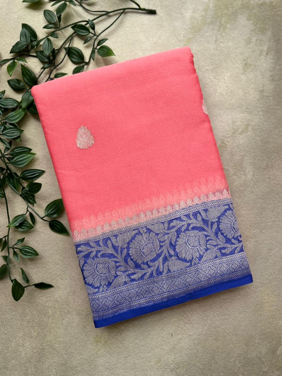 Pink n blue benarasi pure chiffon saree