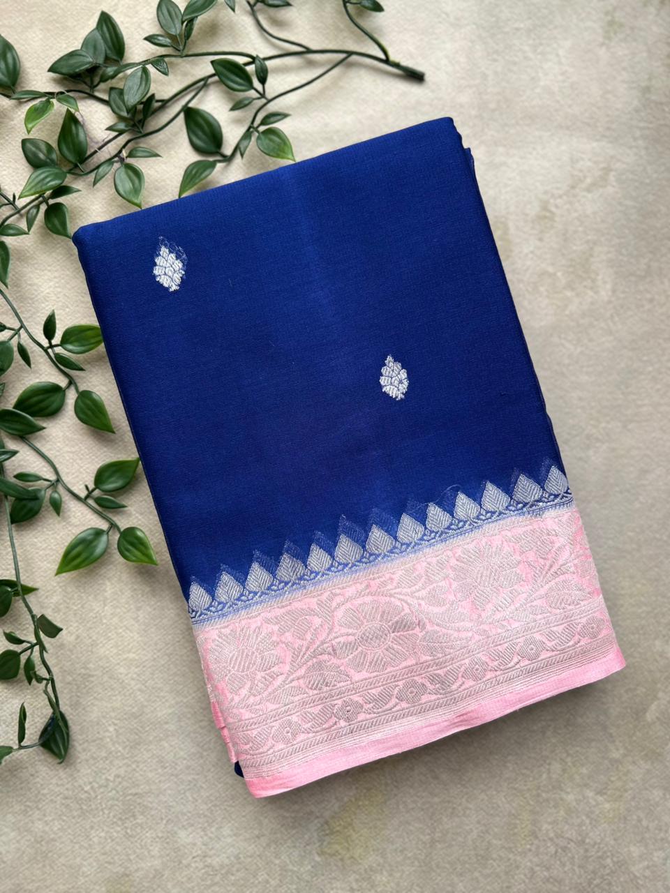 Blue n pink benarasi pure chiffon saree