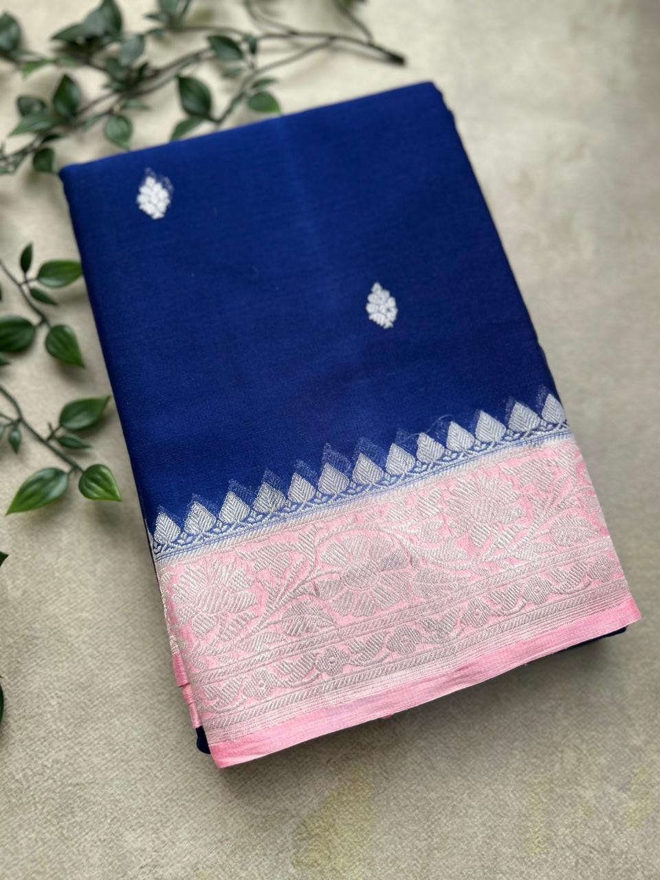 Blue n pink benarasi pure chiffon saree