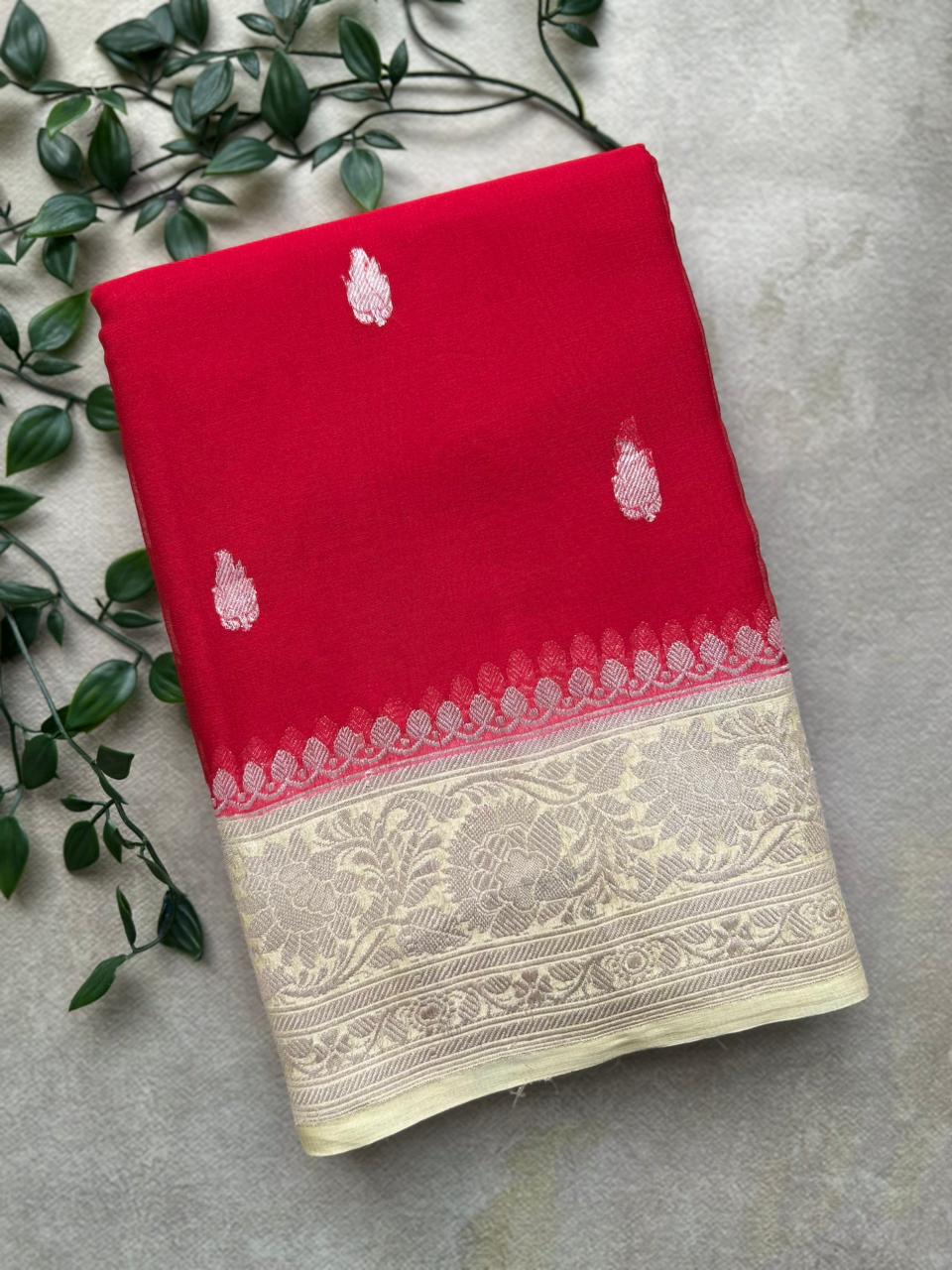 Red benarasi pure chiffon saree