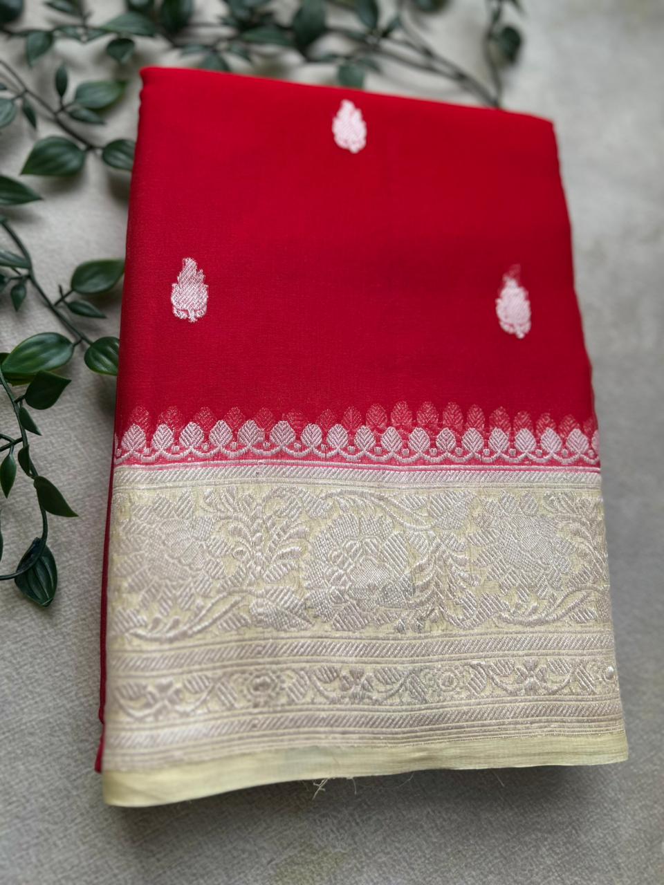 Red benarasi pure chiffon saree