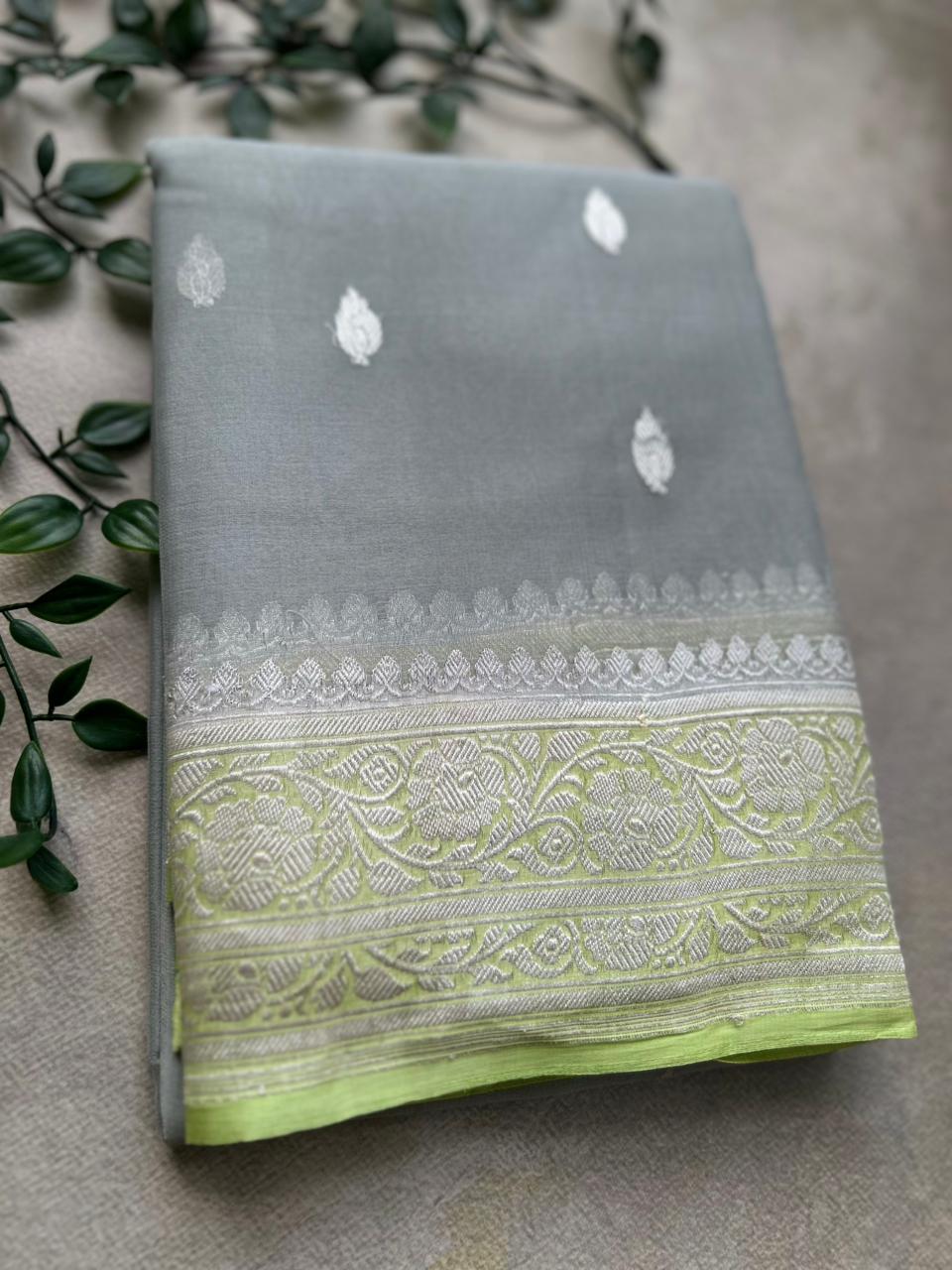 Grey benarasi pure chiffon saree