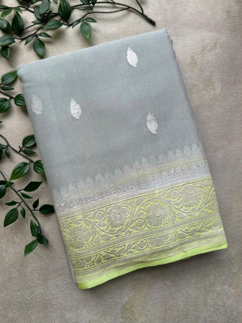 Grey benarasi pure chiffon saree