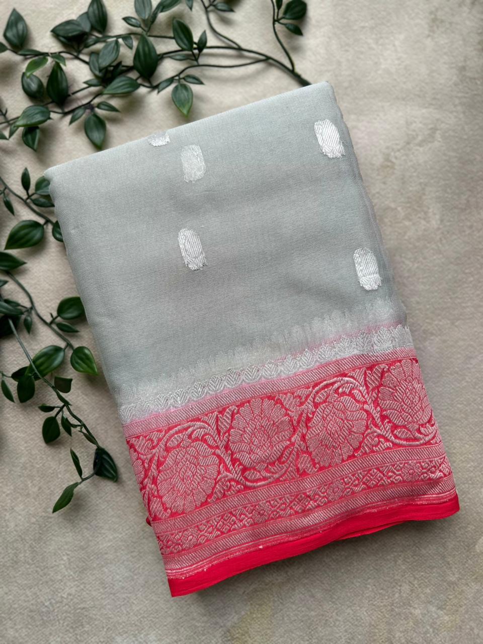 Grey n red benarasi pure chiffon saree