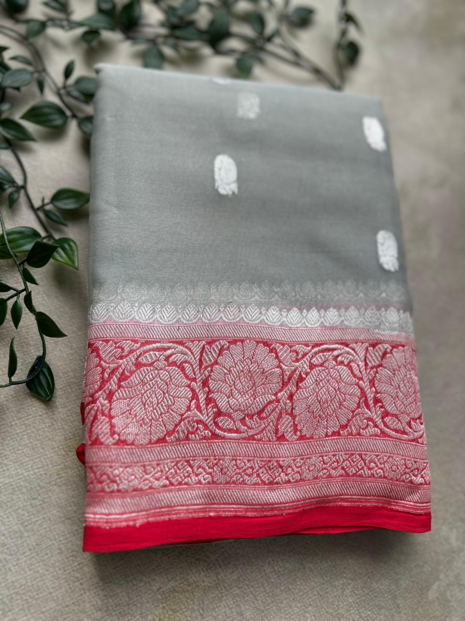Grey n red benarasi pure chiffon saree