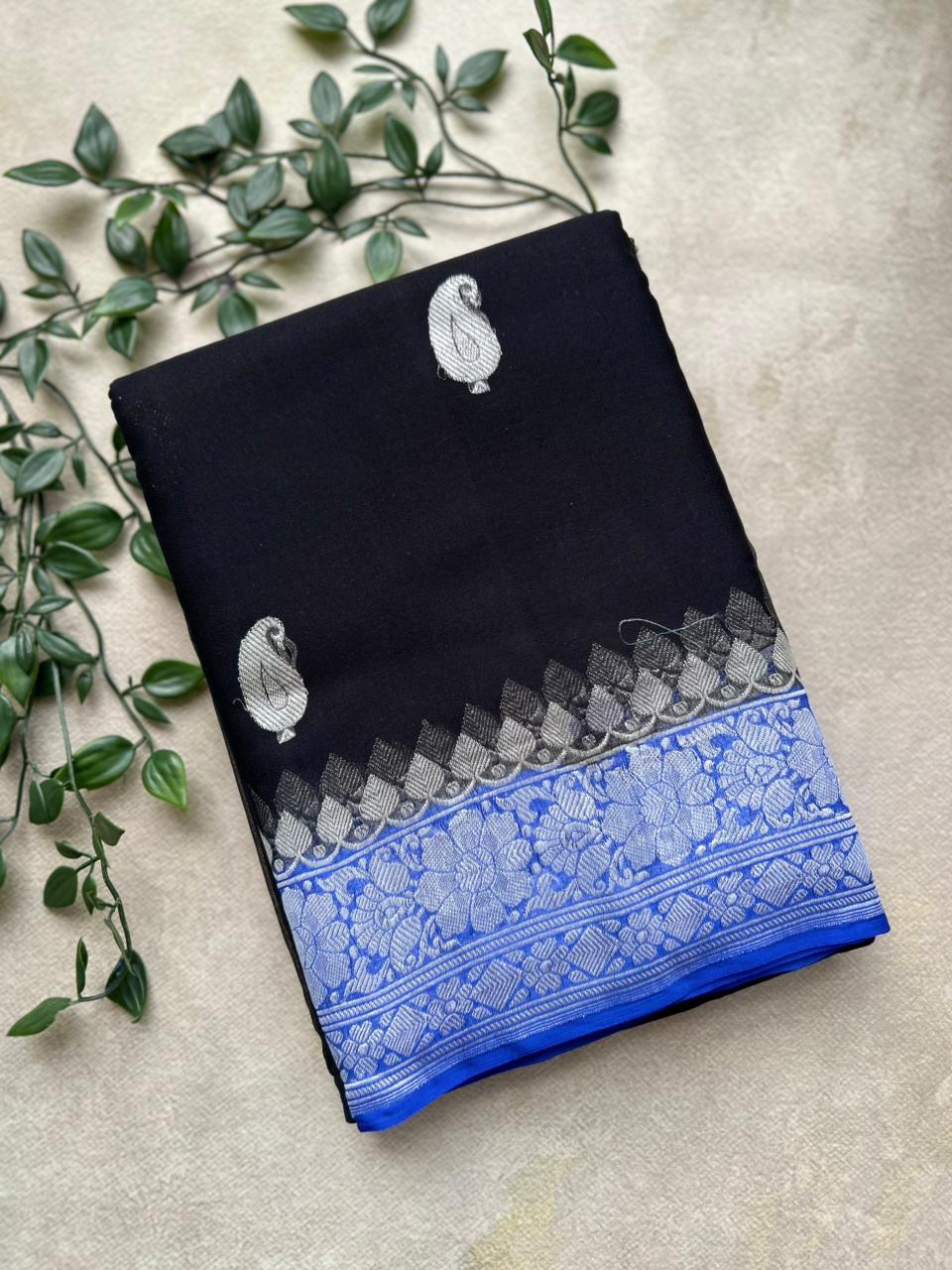 Black n blue  benarasi pure chiffon saree