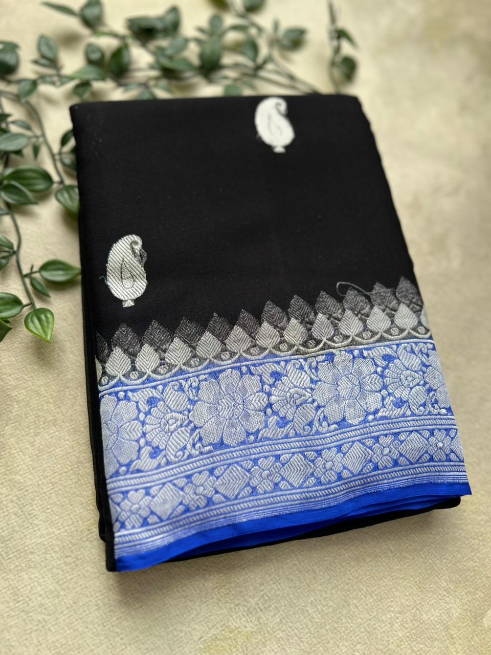 Black n blue  benarasi pure chiffon saree