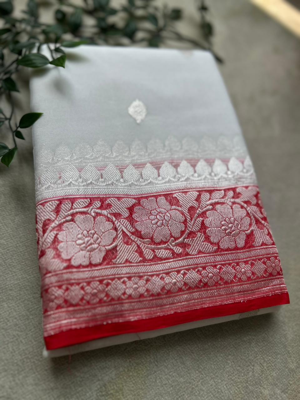White n red benarasi pure chiffon saree