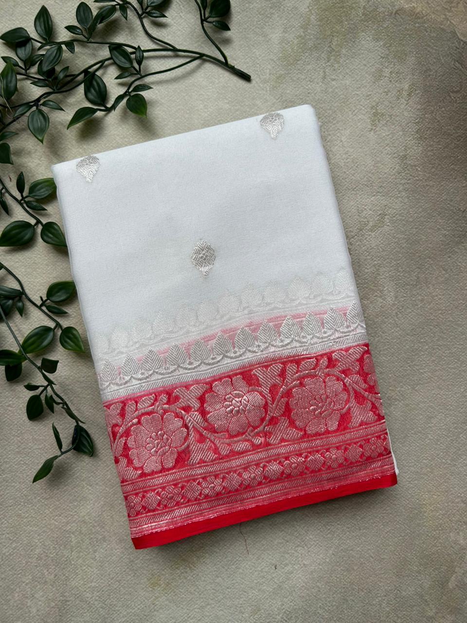 White n red benarasi pure chiffon saree
