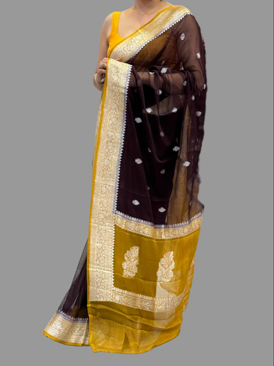 Brown n yellow benarasi pure chiffon saree