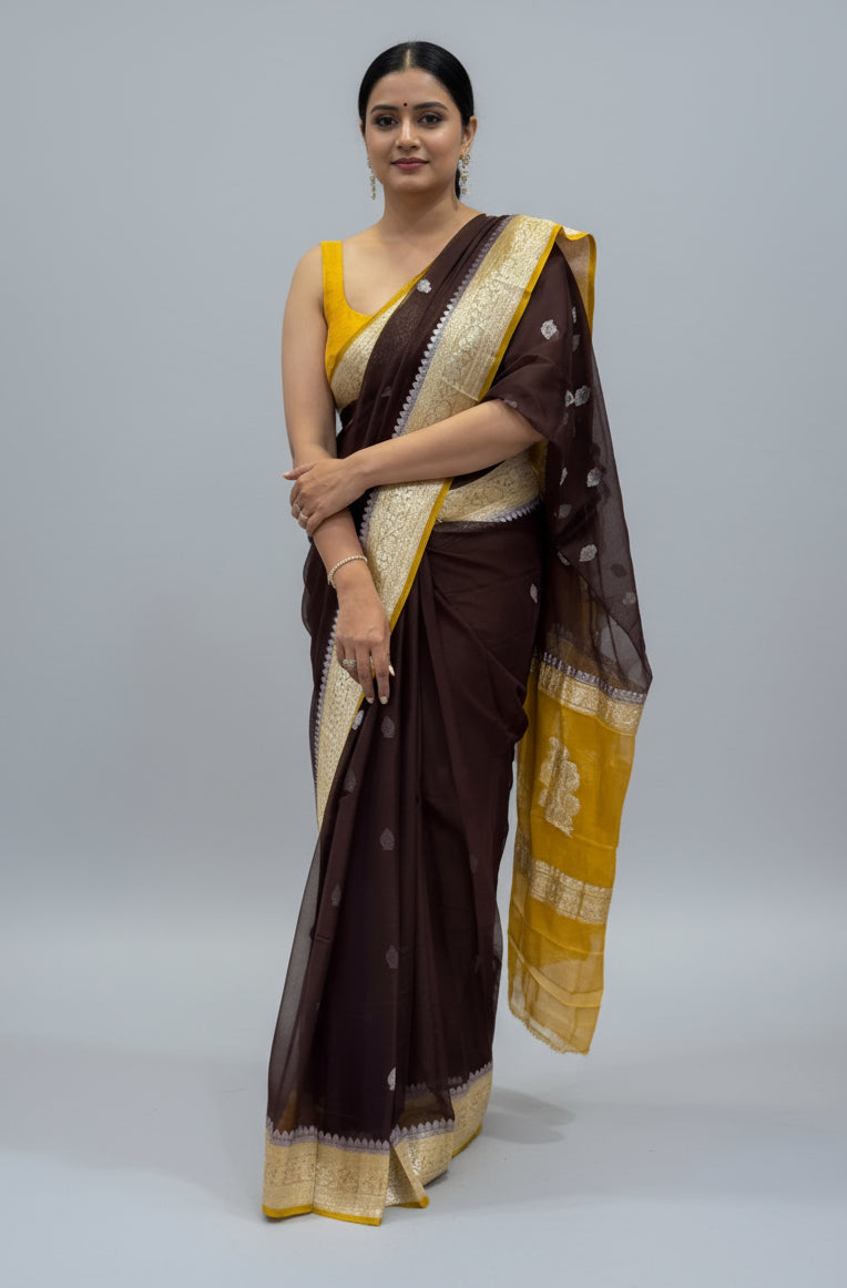 Brown n yellow benarasi pure chiffon saree