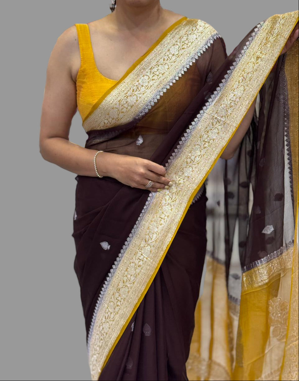 Brown n yellow benarasi pure chiffon saree