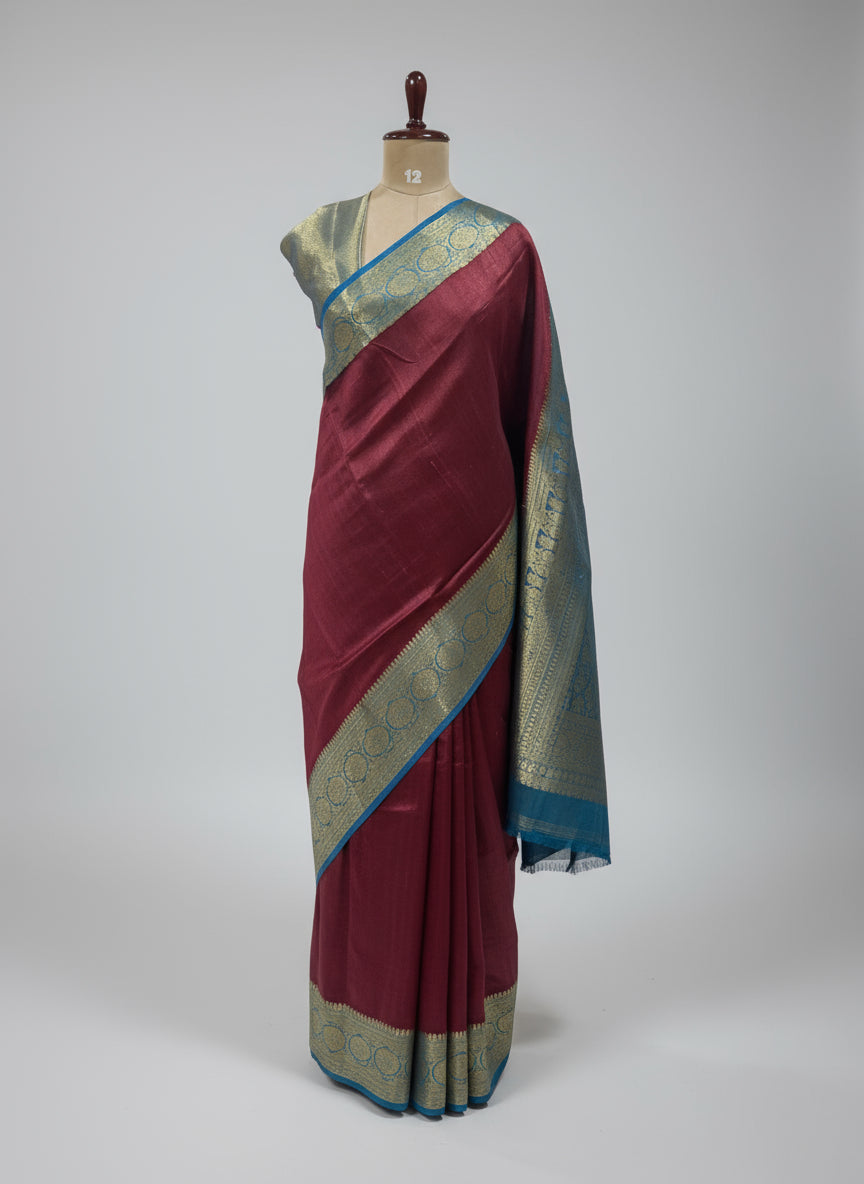 Meroon n blue pure tussar-11 saree