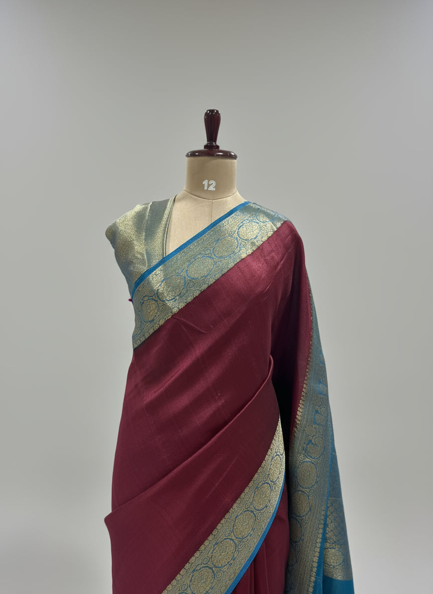 Meroon n blue pure tussar-11 saree