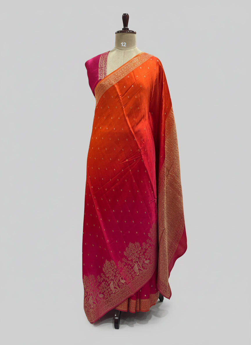 Orange pink mushru 11 satin crepe saree