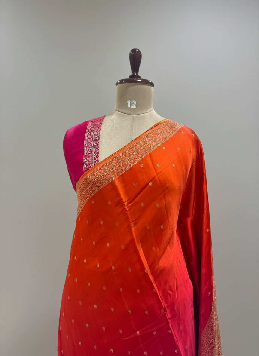 Orange pink mushru 11 satin crepe saree