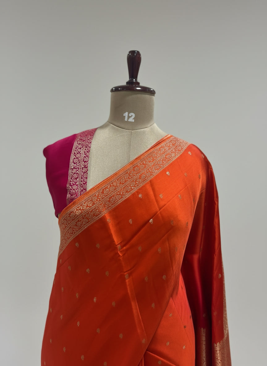 Orange pink mushru 11 satin crepe saree