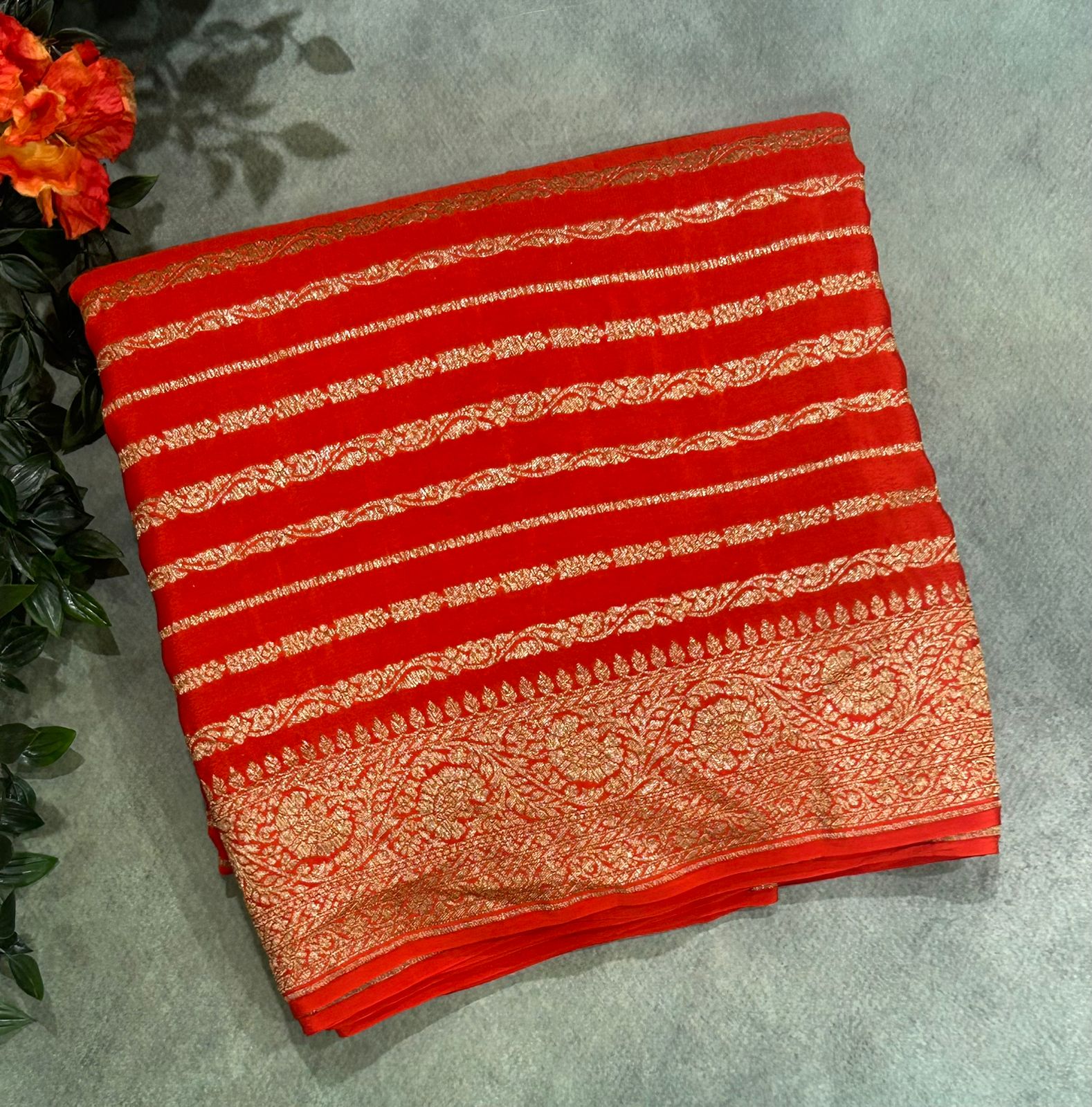 Orange stripes banarasi pure crepe-11 saree