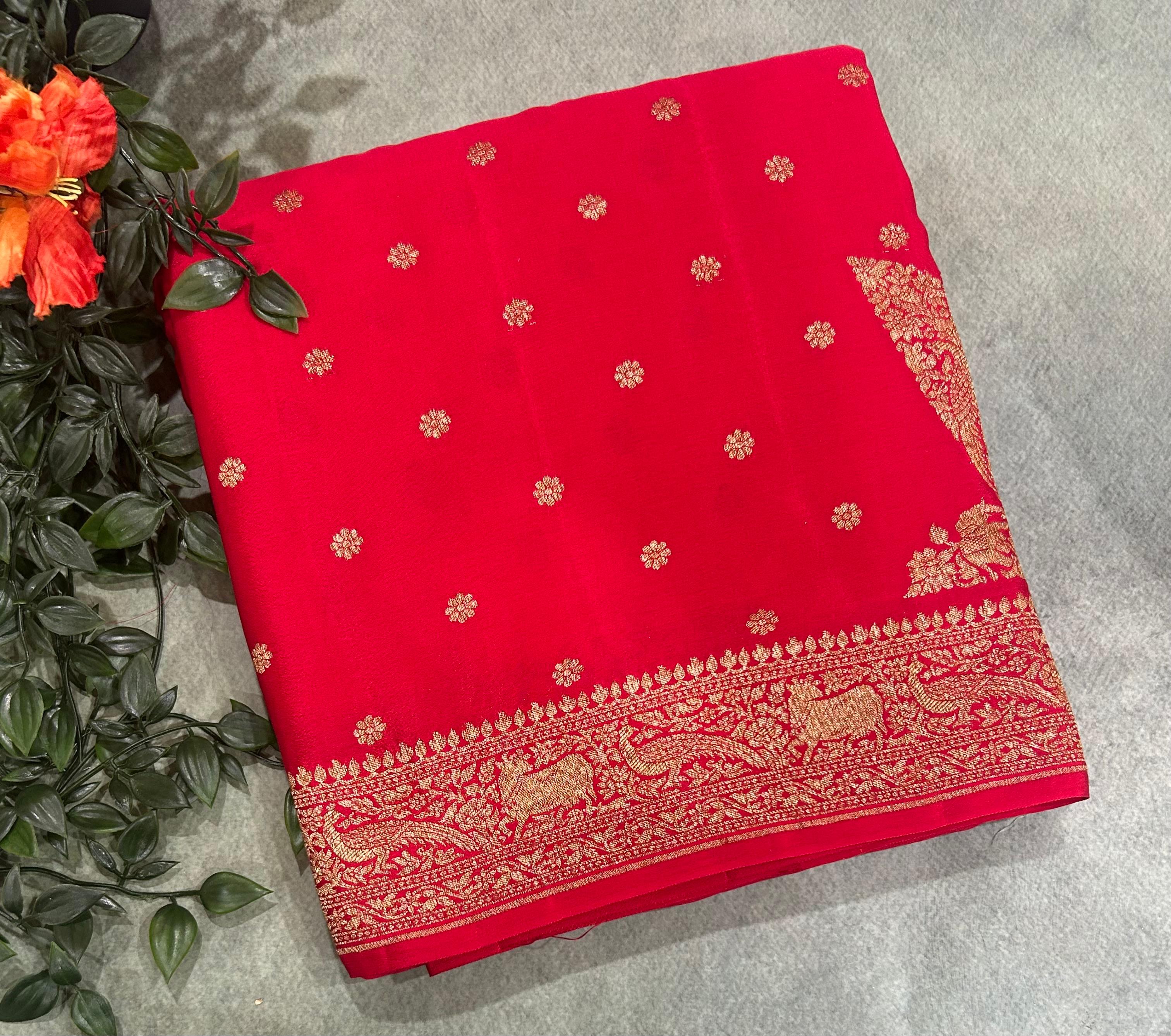 Red small butta banarasi-12 pure crepe saree