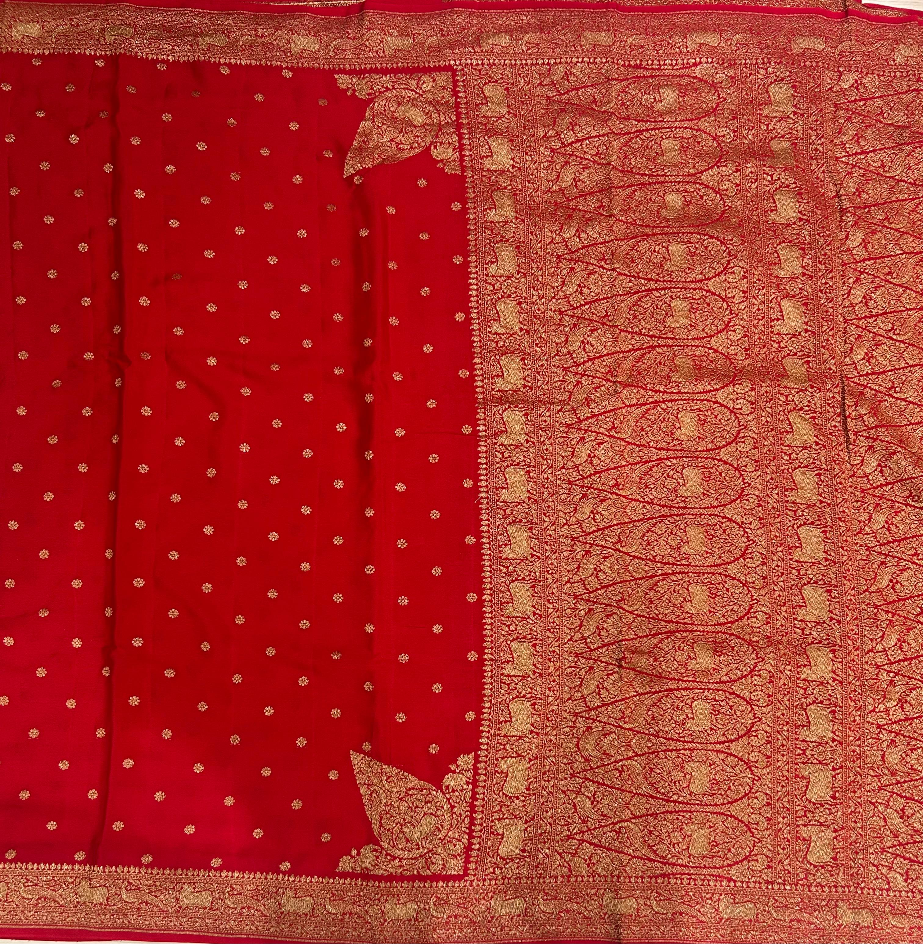 Red small butta banarasi-12 pure crepe saree