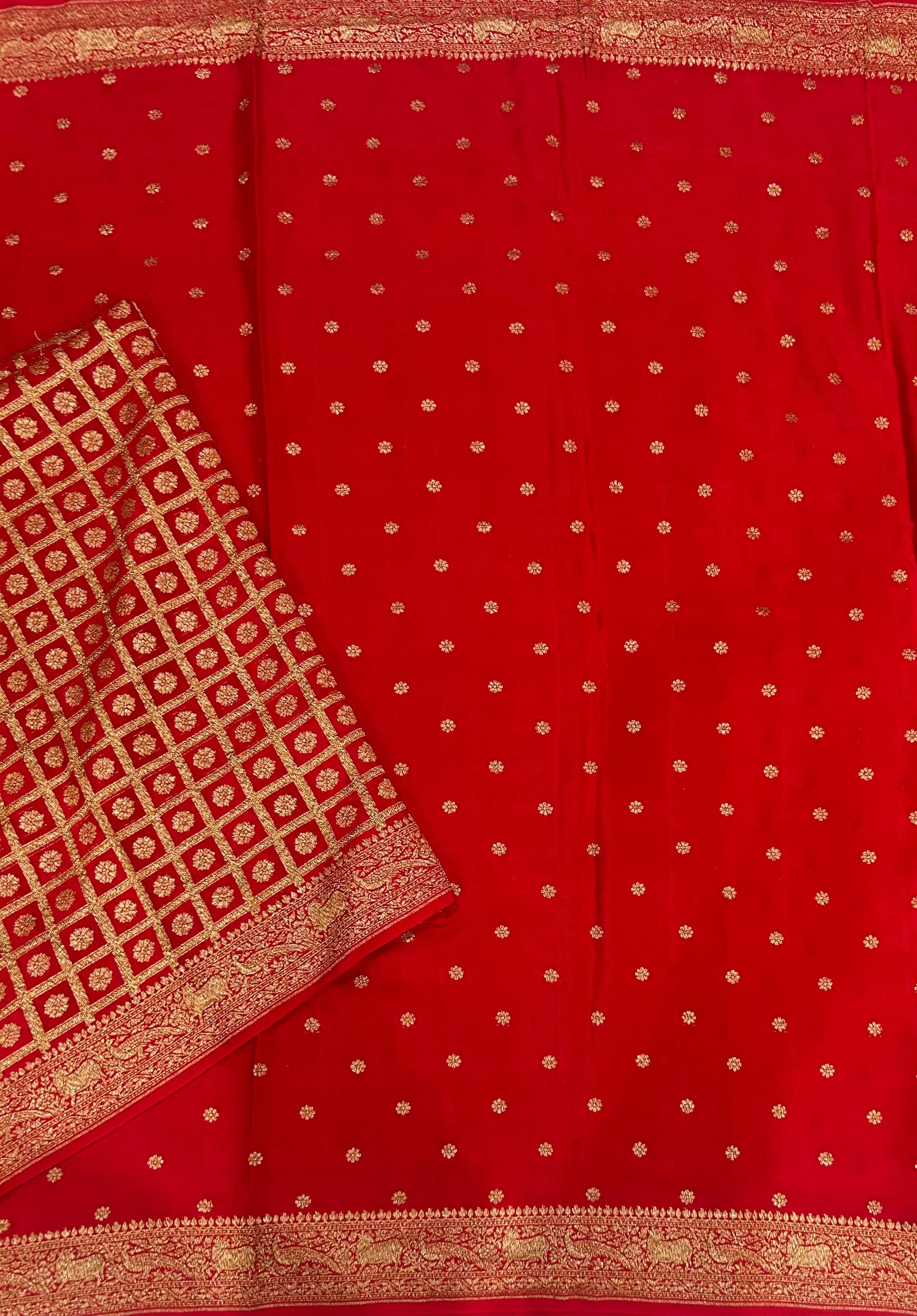 Red small butta banarasi-12 pure crepe saree