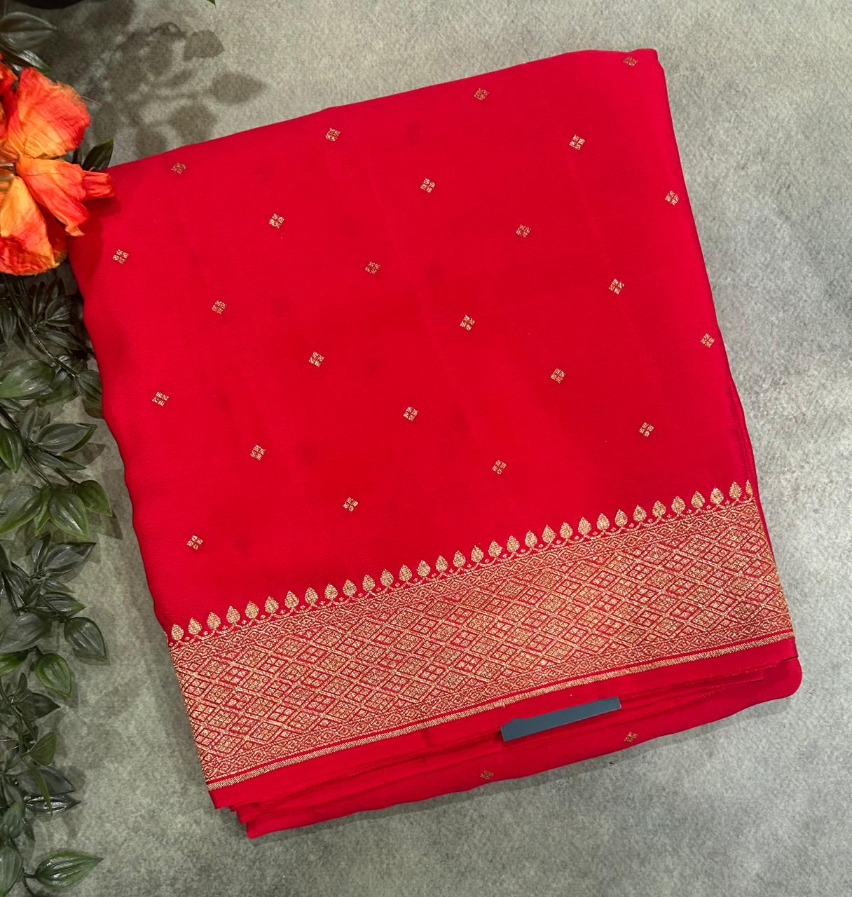 Red small butta banarasi pure crepe-11 saree