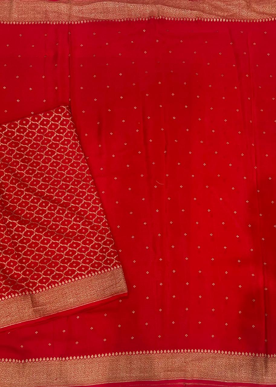 Red small butta banarasi pure crepe-12 saree