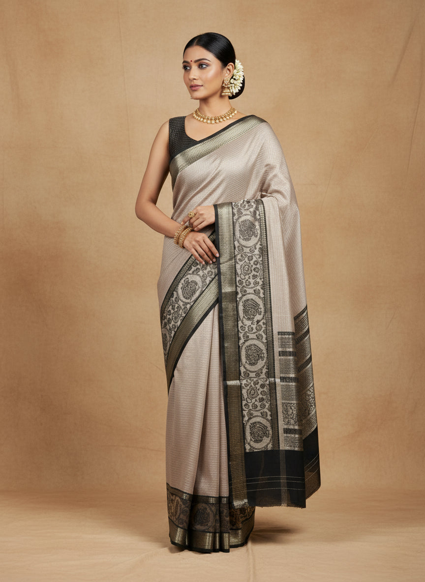 Beige small checks n bentex  tussar crepe-11  saree