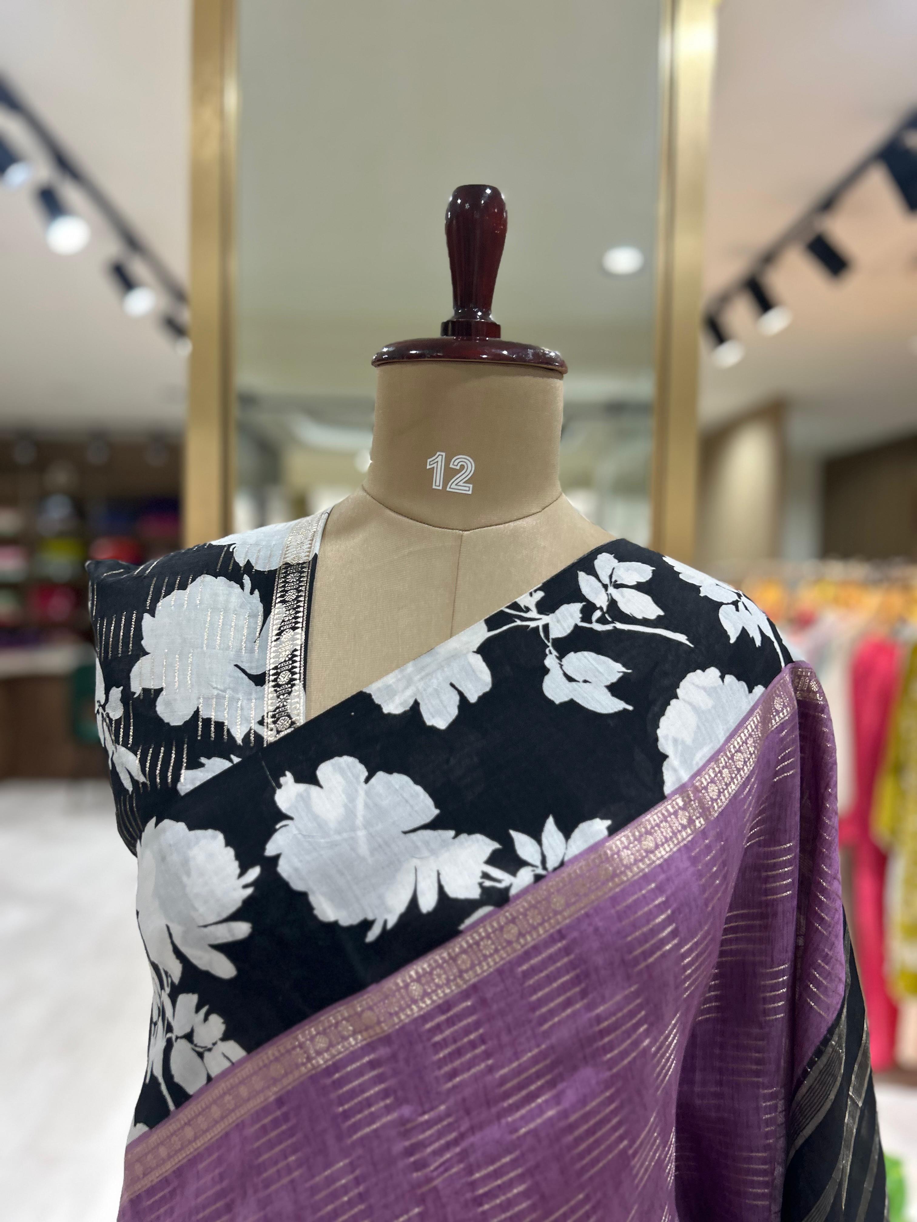 Lavender stripes n digital print border tussar crepe-11  saree