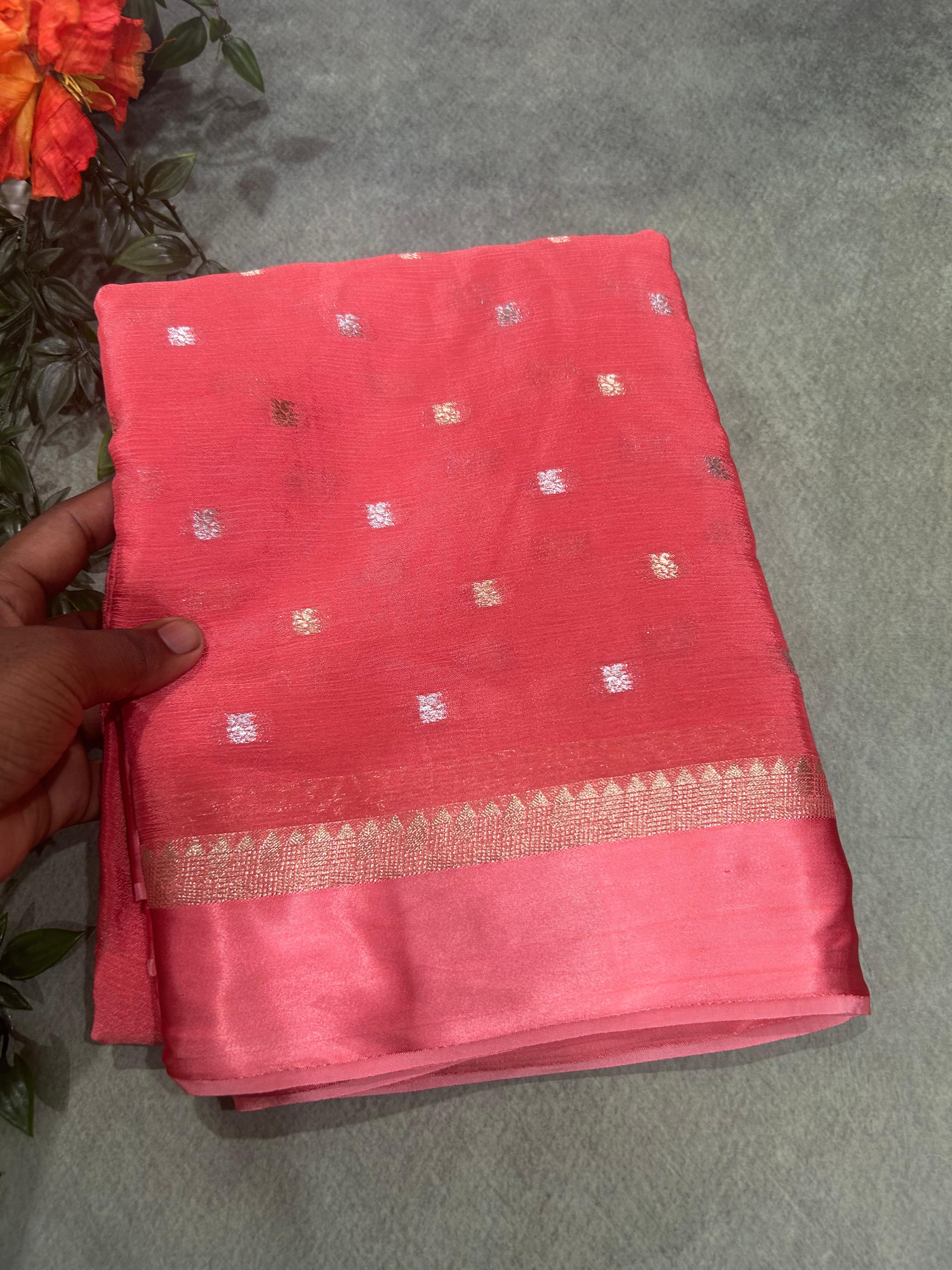 Pastel pink satin border chinnon 104 saree
